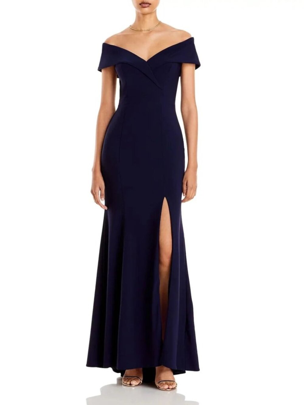 AQUA Womens Gown Size 16 Navy Blue Off-the-Shoulder Fluted Skirt Stretch